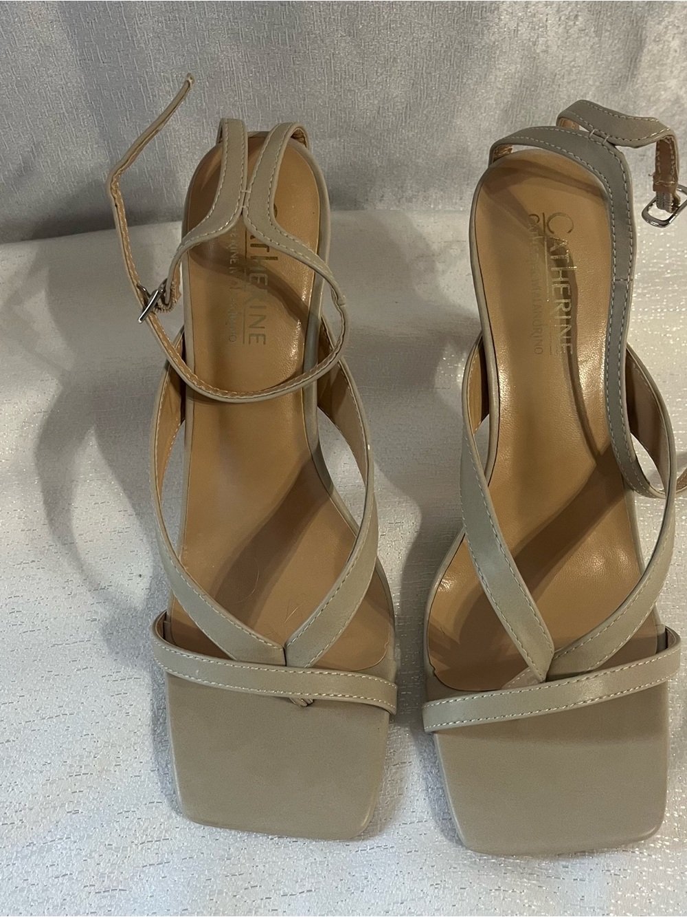 Catherine Malandrino Taupe Strappy Square-Toe Heels